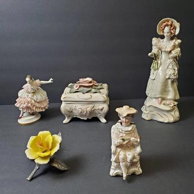 Dresden Lace Figurine, Bisque Nodder & Corey Capodimonte Style Box & 10” Victorian Lady Figurine