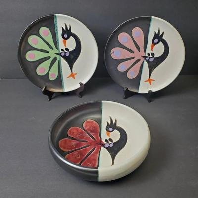 Signed Cerenne Vallauris Ceramic Bowl & Two Plates with Roosters by René Neveux, 9", 1950s