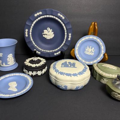 Wedgwood Jasperware: Green, Black, Blue & White - Table Lighter, 4” Vase, Trinket Boxes, More