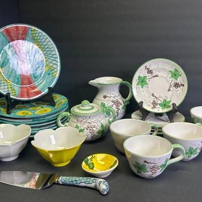 Italian Painted Pottery Plates, Tea Cups, Cream & Sugar, More