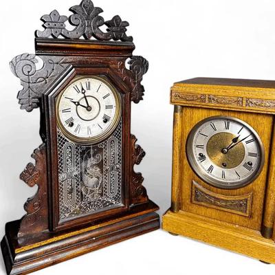 Antique Clocks: Oak Cased Shelf Clock 14.5”h & Gingerbread Clock 21”h