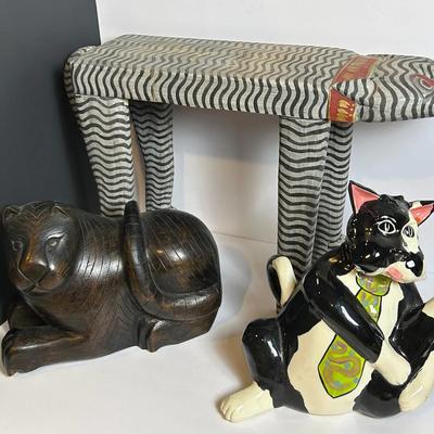Carved Wood And Ceramic Decor - Cats & Lion