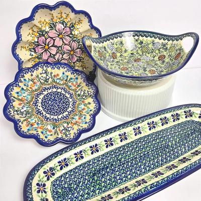 Polish Pottery Unikat Fluted Dishes, Plus Platter & Handled Bowl