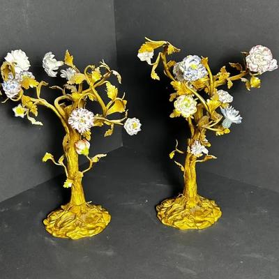 Gilt Bronze Trees With Ceramic Flowers - 10”h