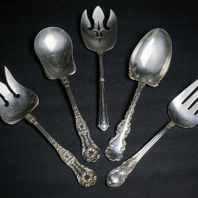 Sterling Silver Large Serving Spoons and Forks – 5 Items