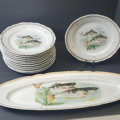 French Hand Painted Fish Motif 24" Platter & Dinner Plates (12) - 9.75" 