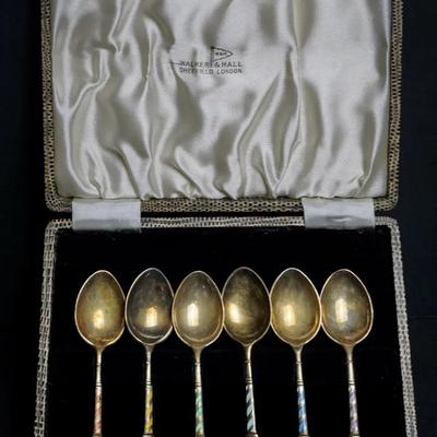 Sterling Silver Walker & Hall Sheffield London Enamel Spoon Set in Original Box