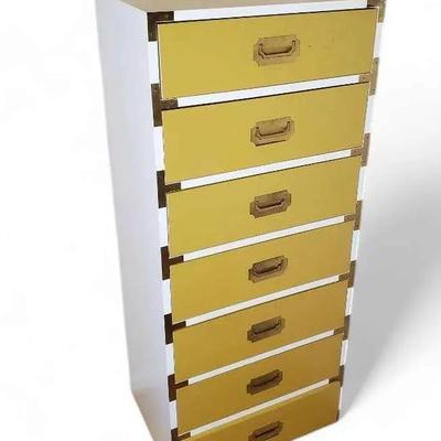 Vintage Campaign Style Tall Chest, Yellow & White with Brass Trim - 22x16x52.25"