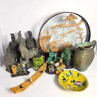 Asian Decor: Carved Cork Landscape 14”, Tomb Soldier Figurines, more