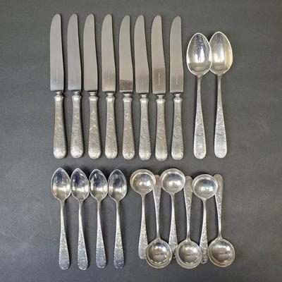 Sterling Silver Kirk & Son Set – 12 Spoons (3 Types) & 8 Knives with Sterling Handles & Steel Blades
