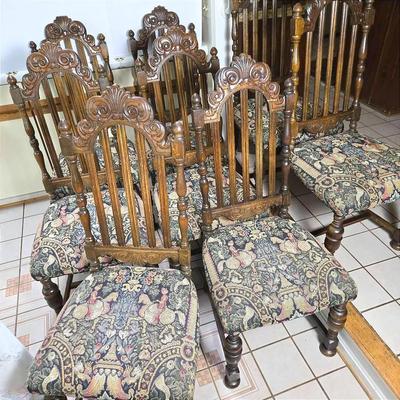 Carved Wood Dining Chairs With Medieval Style Tapestry Seats