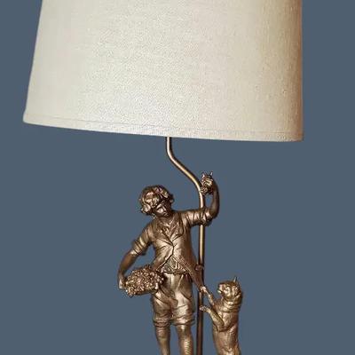 Vintage Figural Lamp, Cast Metal Boy with Dog on Marble Base - 24"
