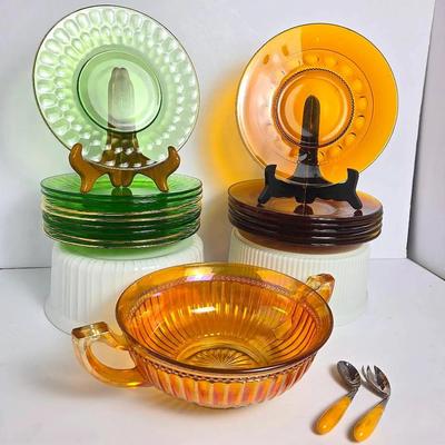 Vintage Jeanette Uranium Glass &  Indiana Glass Amber Kings Crown  Plates; Napier Bakelite Utensils