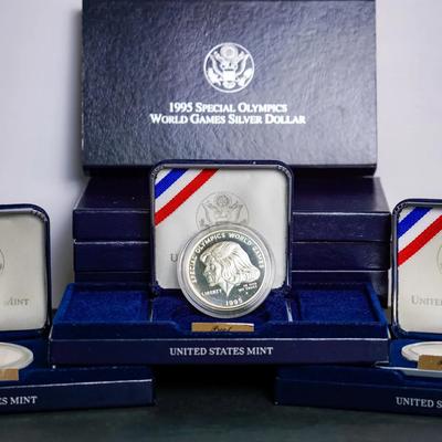 Silver Proof 1995 Special Olympics Dollar Coin Sets, 3 Sets, COA & Original Boxes