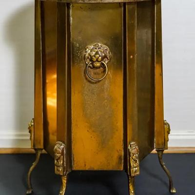 Vintage Brass Side Table / Plant Stand With Lion’s Head Ring Pulls & Claw Feet, 14x14x22"