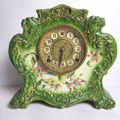 Antique Ceramic Mantle Clock With Gilbert Movement - 11”h