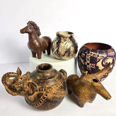 Stoneware Bull & Horse, T Vail Navajo Bowl, Thai Elephant Vase & More