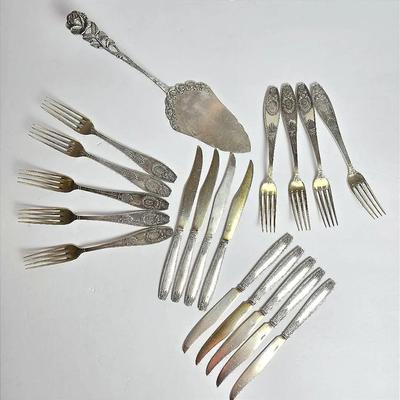 German 800 Silver Flatware Set for 9 – Forks 5.75", Knives 6.25" & Antique Cake Server 8.25"