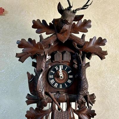 Black Forest Hunt Themed Carved Wood Cuckoo Clock -15x13x24" 