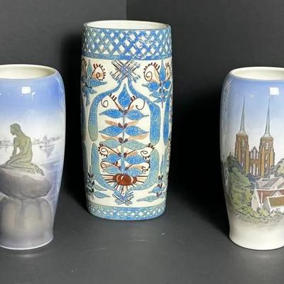 Royal Copenhagen Fajence Vase 8”, Plus 2 Oslo Scene Vases