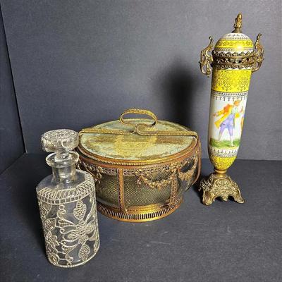 Glass Bowl In Ormalu Stand With Encased Lace, Porcelain Urn & Bottle With Metal Overlay