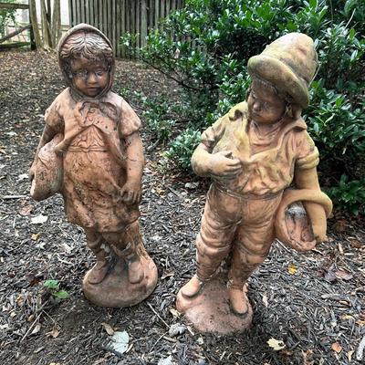 Cement Yard Statues Of Fishmonger Children 33” Tall