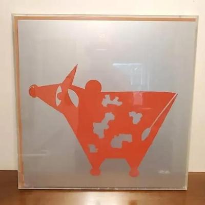 Signed Stylized Cow Print by Cayhill, 13/14 - Acrylic Frame, 23x23"