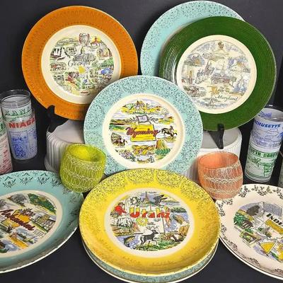 Vintage MCM Spaghetti Glasses, Souvenir Plates.& Glassware
