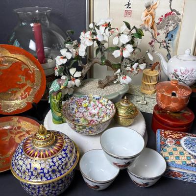 Asian Decor: Silk Monkey Textile, Stone Bonsai Tree 9”, Millefleurs Bowl & More