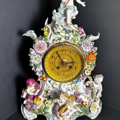 Antique Dresden Style Porcelain Mantle Clock With Cherubs & Flowers