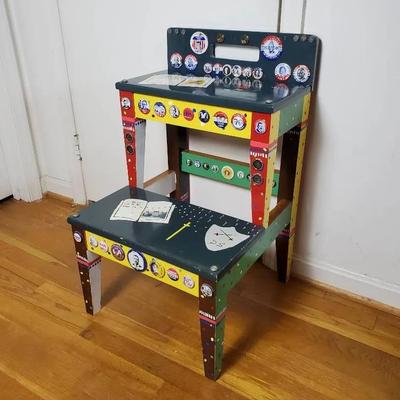 Folk Art Painted Wood Stool with Vintage Political Campaign Button Embellishments -17x18x27.5" 