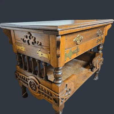 Vintage Carved Oak Side Table with Brass Hardware - 38x23x28”
