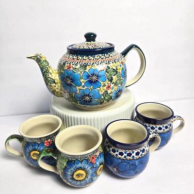 Polish Pottery Unikat Teapot & Bubble Mugs, Hand Painted Artisan Signed