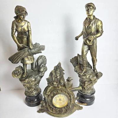 Spanish America War Volunteers Commemorative Clock 10” Plus French Agriculture Figurines 18”