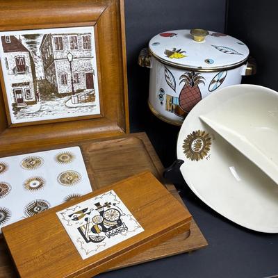 MCM Georges Briard Serving Ware & More: Divided Bowl, Enameled Pot On Chafing Stand Plus
