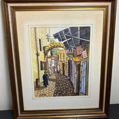Ari Gradus Signed Watercolor - Judaica Street Scene, Framed 23x19”