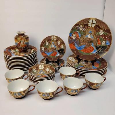 Vintage Hand- Satsuma Moriage Dragon Ware Dinner & Tea Set With Lithopane Cups