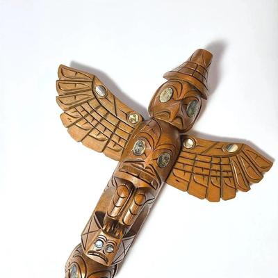 Native Anerican Carved Totem Talking Stick/Staff With Mother Of Pearl Inlay