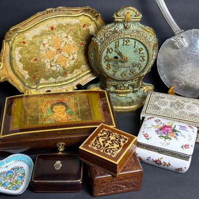 Vintage Craftwood Clock, Florentine Tray, Trinket & Jewelry Boxes, More