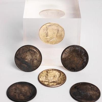1964 Kennedy 90% Silver Half Dollars – 6 Coins, One in 2½" Lucite Coin Cube Paperweight