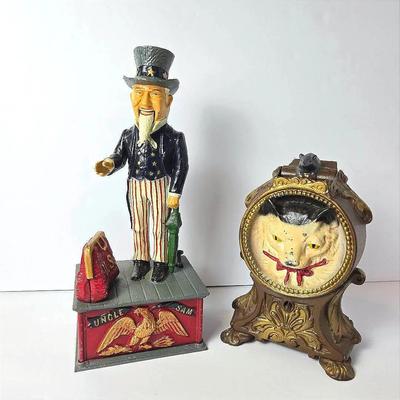 Reproduction Cast Iron Banks - Uncle Sam & Cat & Mouse