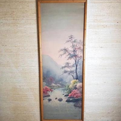 Original Signed Asian Watercolor Landscape Painting Framed - 40.25x15"
