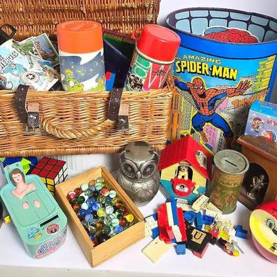 Vintage 1980s Spider-Man Waste Bin, Legos, Coin Bank Collection & More