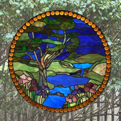 Stained Glass Panel 23” Diameter - Forest And Creek Scene