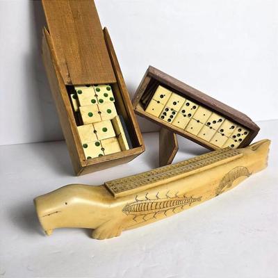 Antique Bone Dominos Sets Plus Reproduction Resin Scrimshaw Cribbage Board