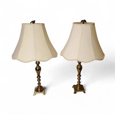 Brass Table Lamp Pair with Bell Shades & Eagle Finials -32"