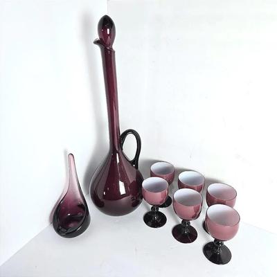MCM Amethyst Cased Glass Decanter & Glasses Set, Plus Viking Taper Ashtray