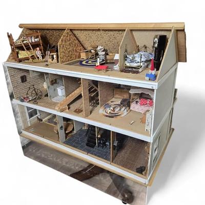 Large Dollhouse With Furniture & Accessoires On Rolling Stand