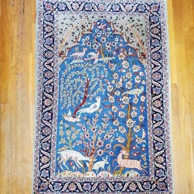 Handwoven Persian Tree of Life Wool Rug with Blue Ground - 2'7"x3'7"