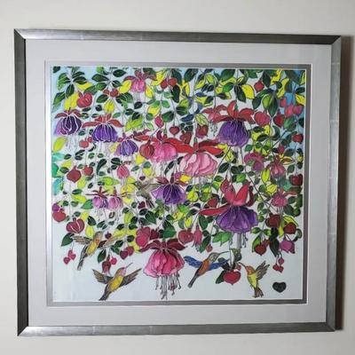 Floral & Hummingbird Batik Signed KS, Framed 27x29"